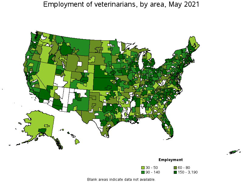 Map of employment of veterinarians by area, May 2021