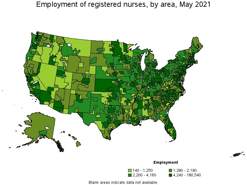 Map of employment of registered nurses by area, May 2021