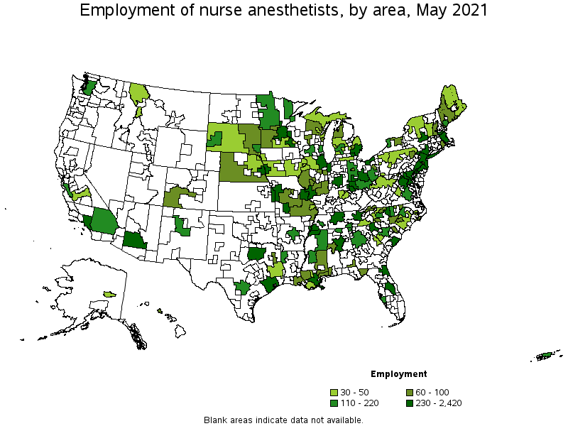 Map of employment of nurse anesthetists by area, May 2021