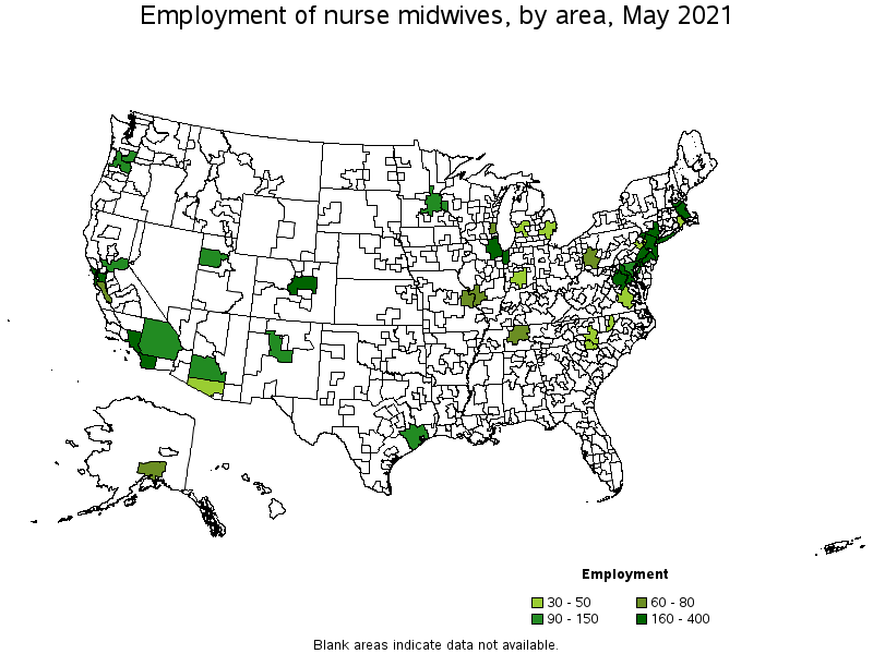 Map of employment of nurse midwives by area, May 2021