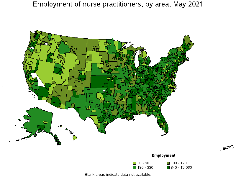 Map of employment of nurse practitioners by area, May 2021