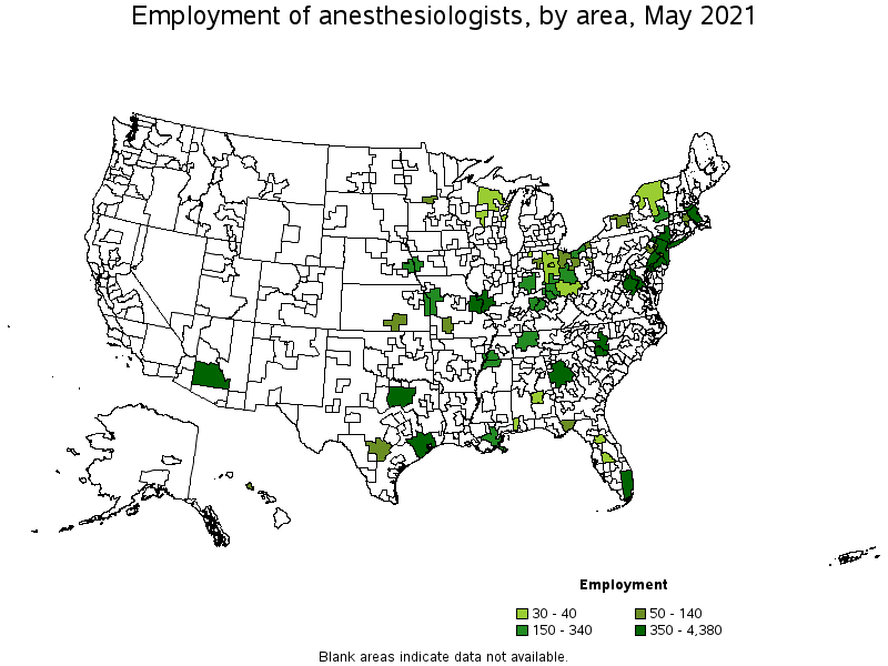 Map of employment of anesthesiologists by area, May 2021