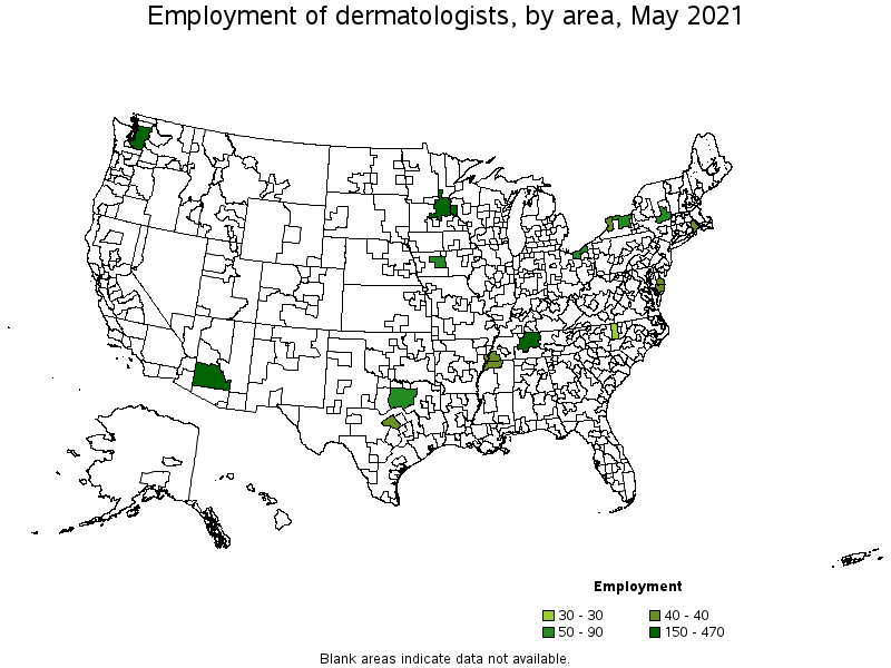 Map of employment of dermatologists by area, May 2021