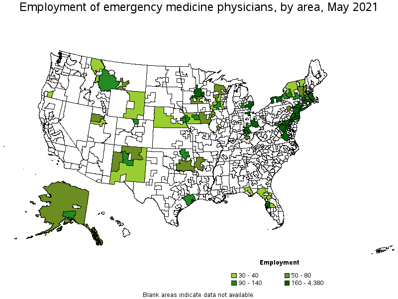 Map of employment of emergency medicine physicians by area, May 2021