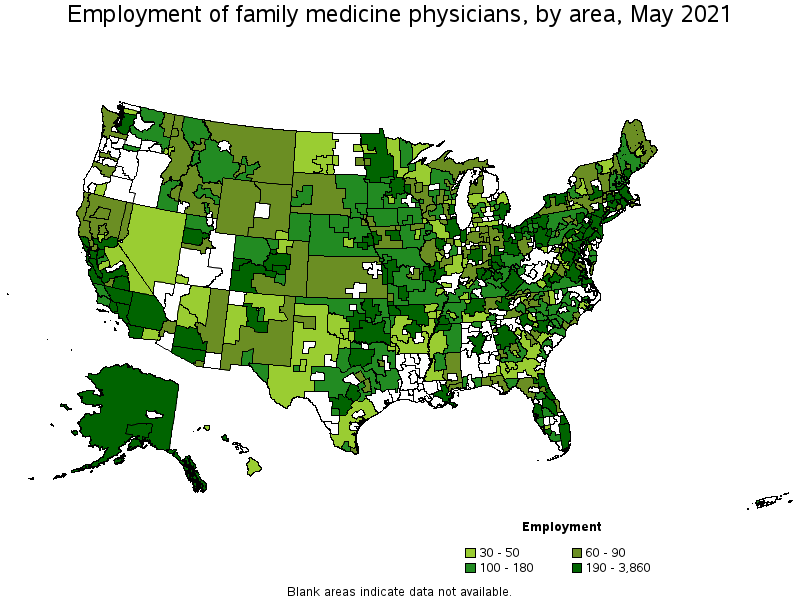 Map of employment of family medicine physicians by area, May 2021