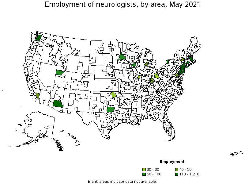 Map of employment of neurologists by area, May 2021
