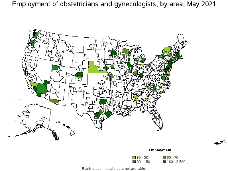 Map of employment of obstetricians and gynecologists by area, May 2021