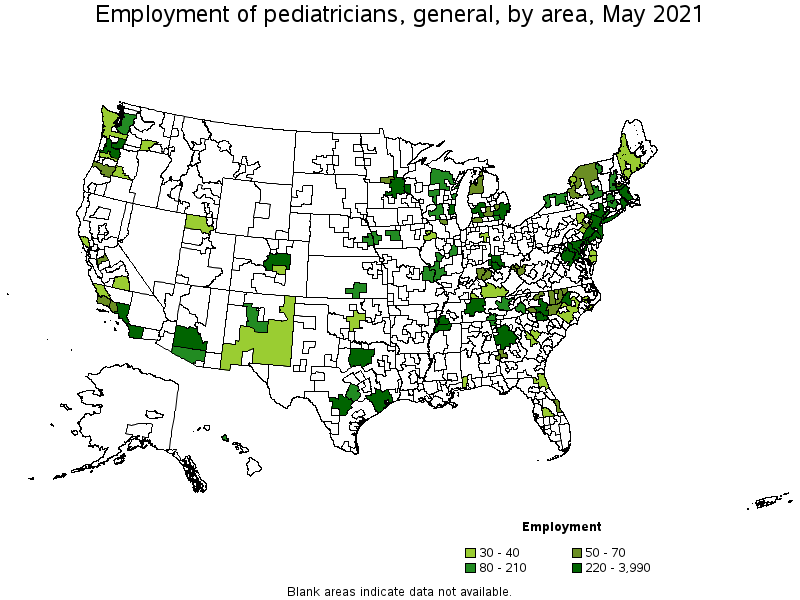 Map of employment of pediatricians, general by area, May 2021