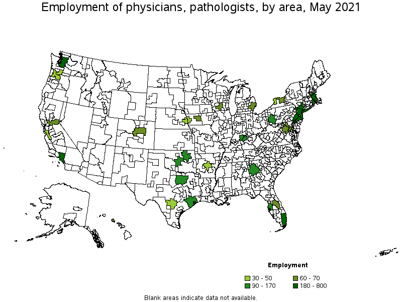 Map of employment of physicians, pathologists by area, May 2021