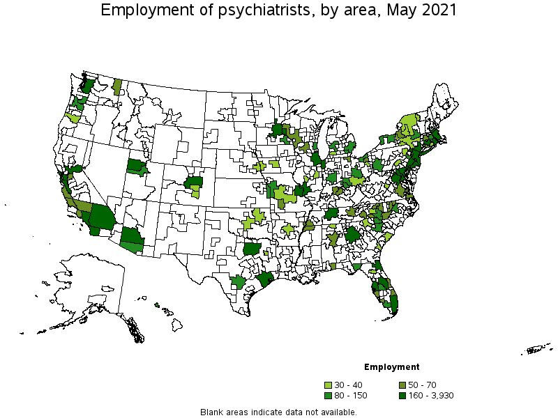 Map of employment of psychiatrists by area, May 2021