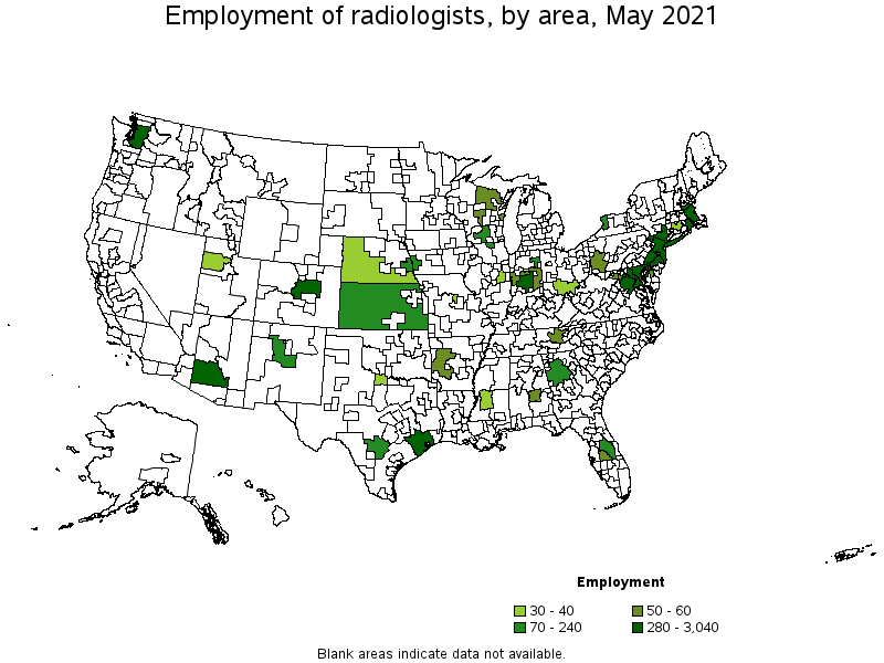 Map of employment of radiologists by area, May 2021