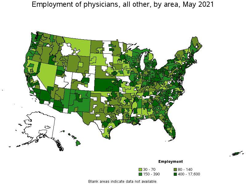 Map of employment of physicians, all other by area, May 2021