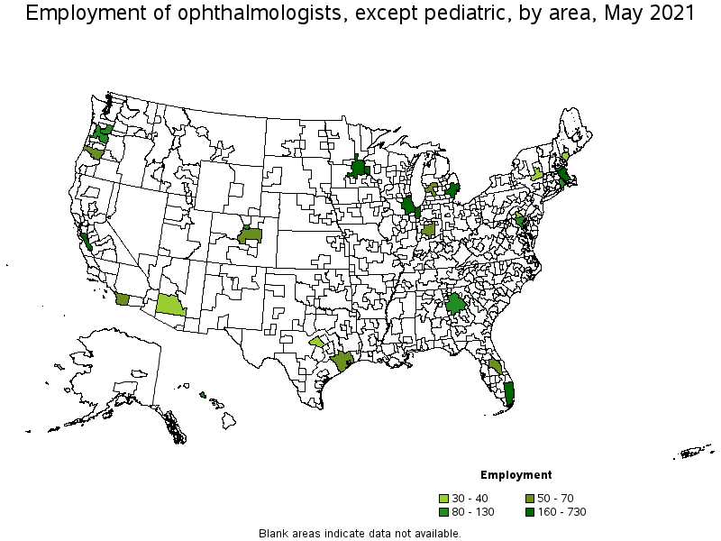 Map of employment of ophthalmologists, except pediatric by area, May 2021