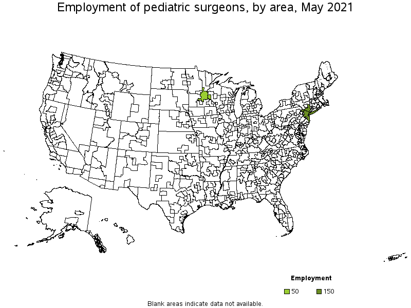 Map of employment of pediatric surgeons by area, May 2021