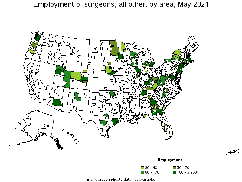 Map of employment of surgeons, all other by area, May 2021
