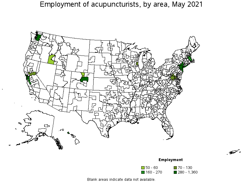 Map of employment of acupuncturists by area, May 2021