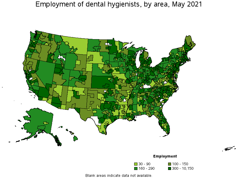 Map of employment of dental hygienists by area, May 2021