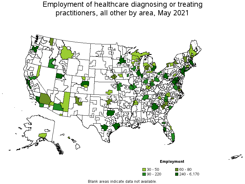 Map of employment of healthcare diagnosing or treating practitioners, all other by area, May 2021