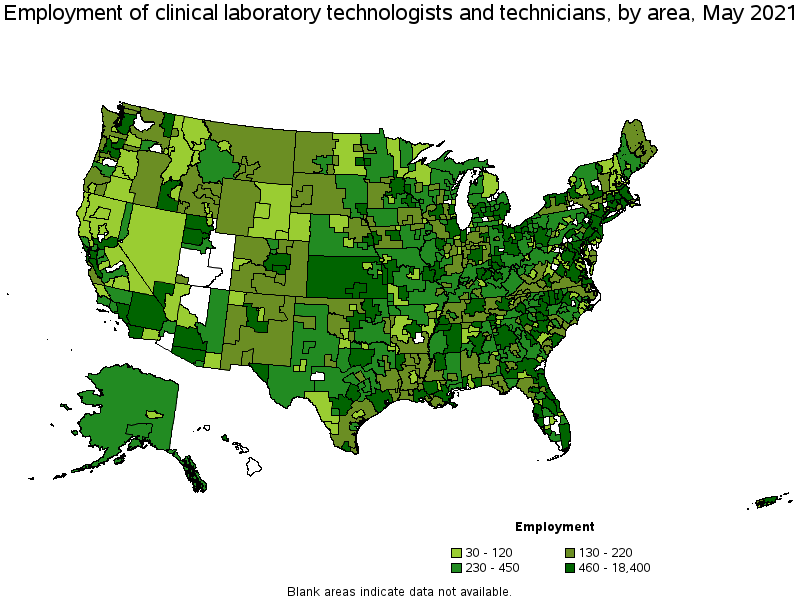 Map of employment of clinical laboratory technologists and technicians by area, May 2021