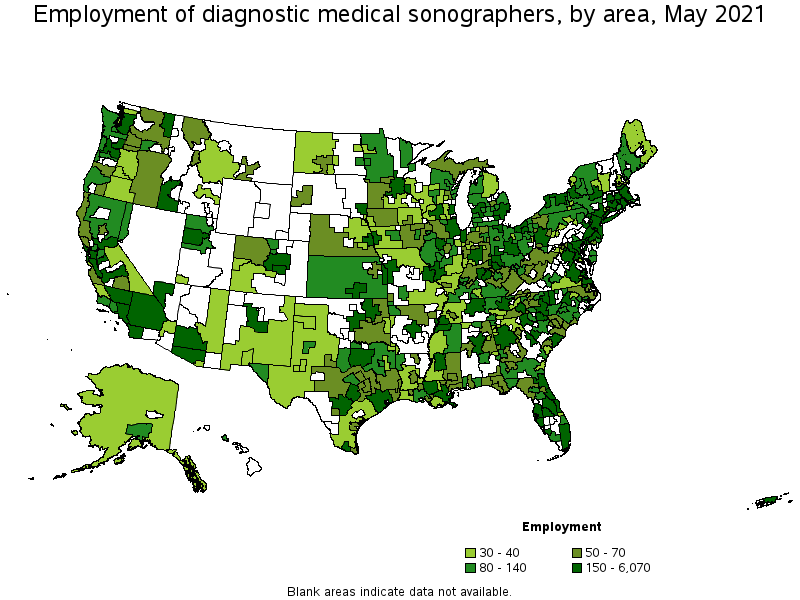 Map of employment of diagnostic medical sonographers by area, May 2021