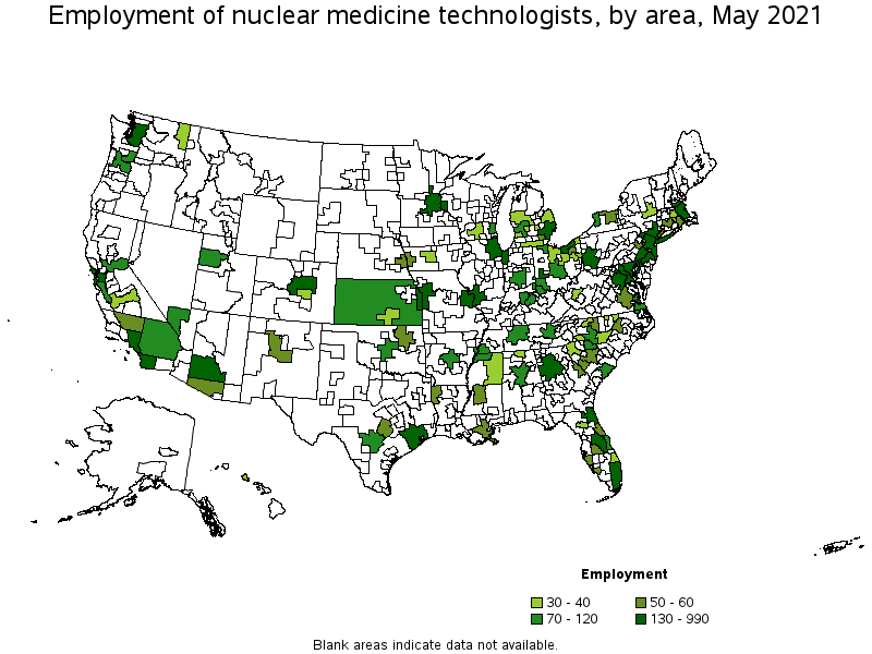 Map of employment of nuclear medicine technologists by area, May 2021