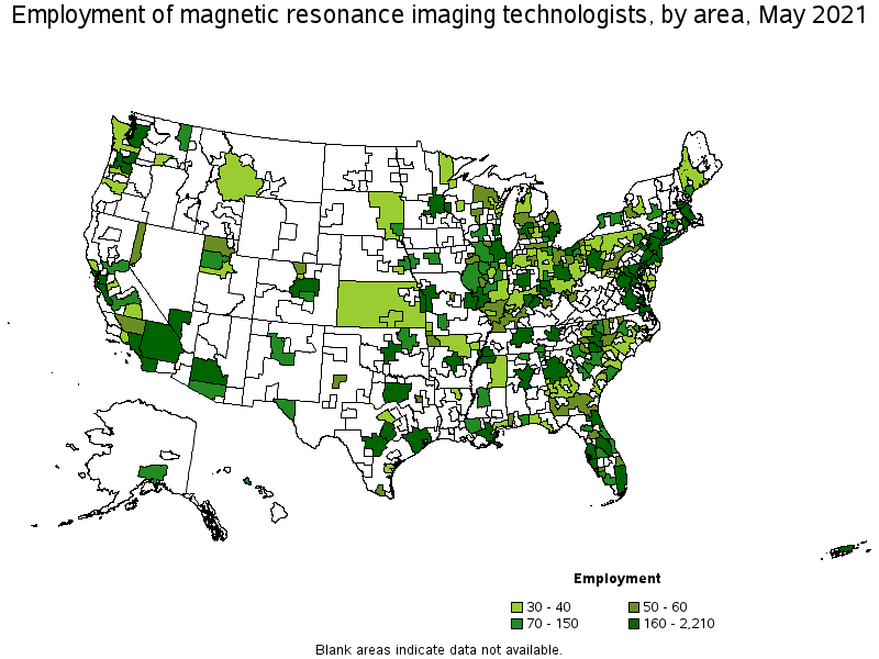 Map of employment of magnetic resonance imaging technologists by area, May 2021