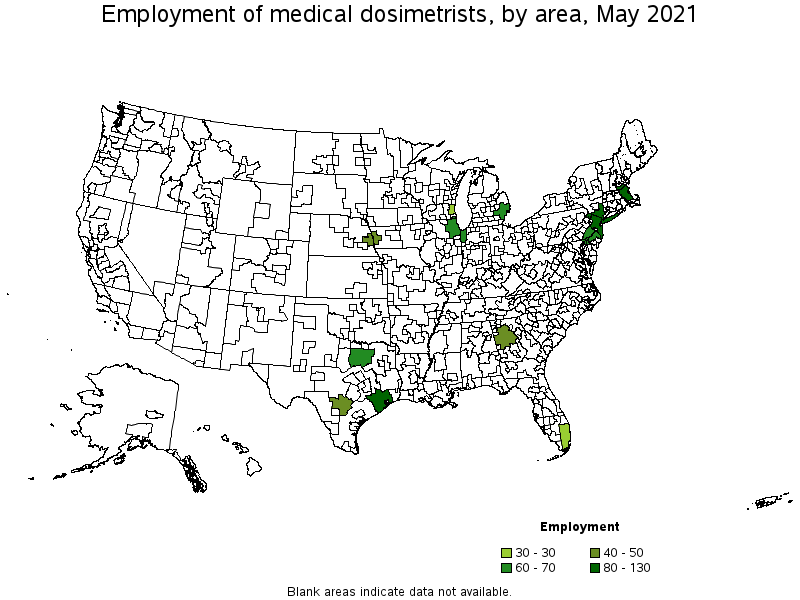 Map of employment of medical dosimetrists by area, May 2021