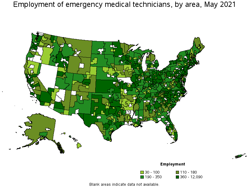 Map of employment of emergency medical technicians by area, May 2021