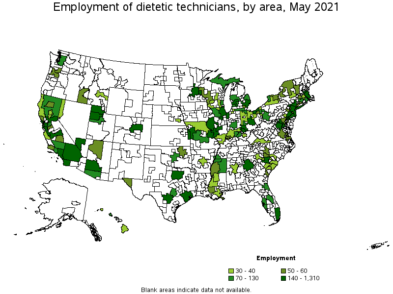 Map of employment of dietetic technicians by area, May 2021
