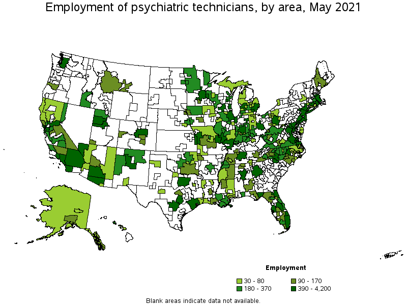 Map of employment of psychiatric technicians by area, May 2021