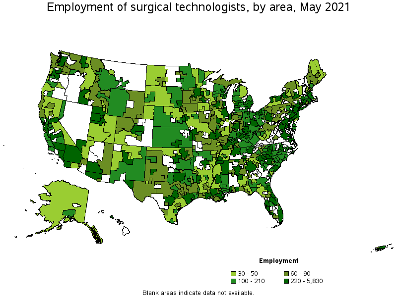 Map of employment of surgical technologists by area, May 2021