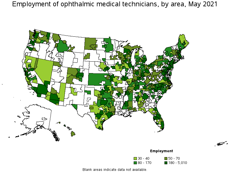 Map of employment of ophthalmic medical technicians by area, May 2021