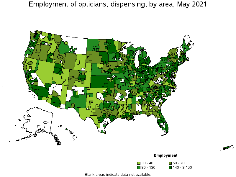 Map of employment of opticians, dispensing by area, May 2021