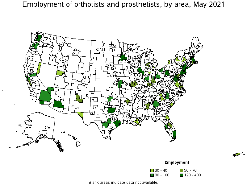 Map of employment of orthotists and prosthetists by area, May 2021