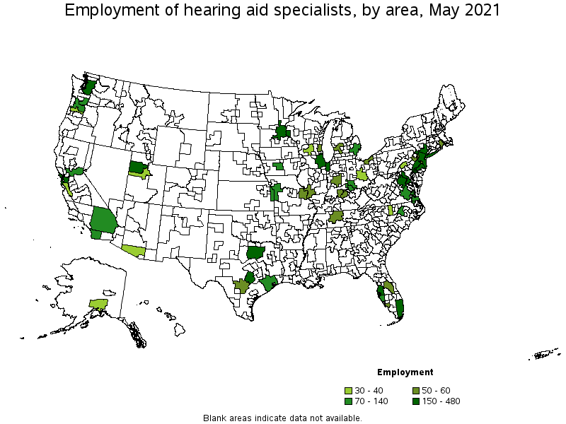 Map of employment of hearing aid specialists by area, May 2021