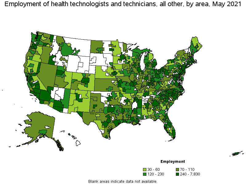 Map of employment of health technologists and technicians, all other by area, May 2021
