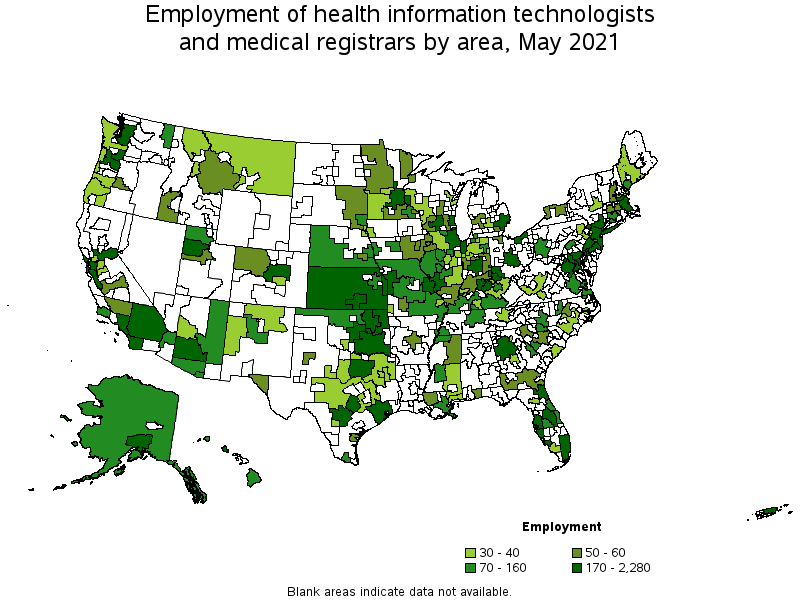 Map of employment of health information technologists and medical registrars by area, May 2021