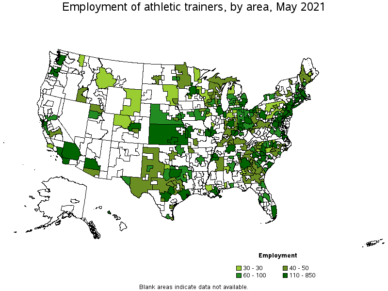 Map of employment of athletic trainers by area, May 2021