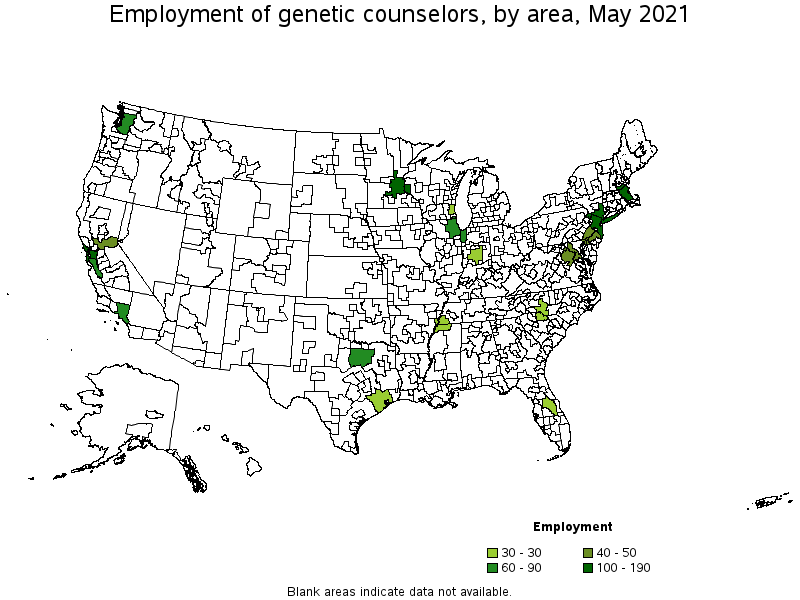Map of employment of genetic counselors by area, May 2021