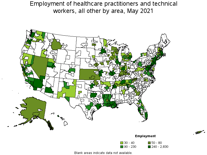 Map of employment of healthcare practitioners and technical workers, all other by area, May 2021