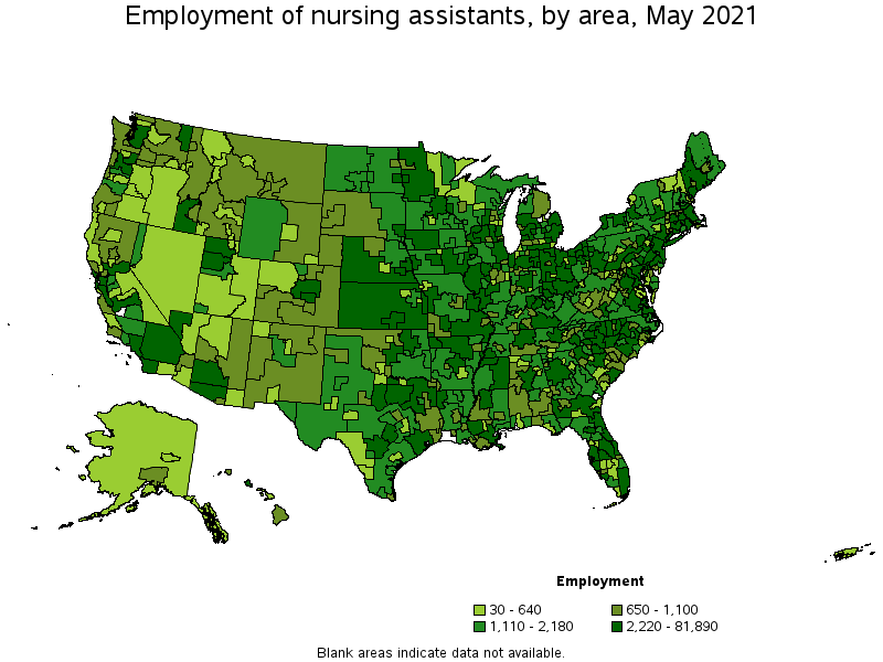 Map of employment of nursing assistants by area, May 2021