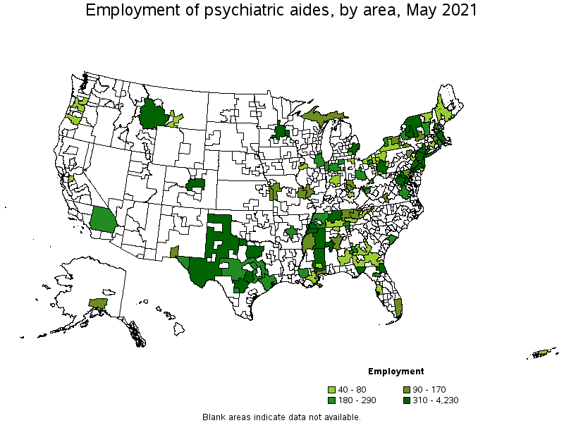 Map of employment of psychiatric aides by area, May 2021