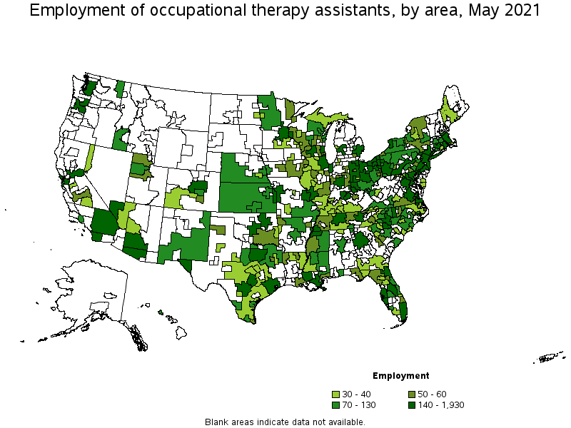 Map of employment of occupational therapy assistants by area, May 2021