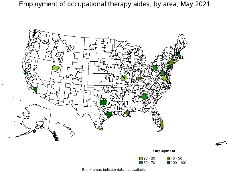 Map of employment of occupational therapy aides by area, May 2021