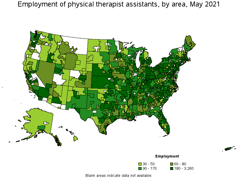 Map of employment of physical therapist assistants by area, May 2021