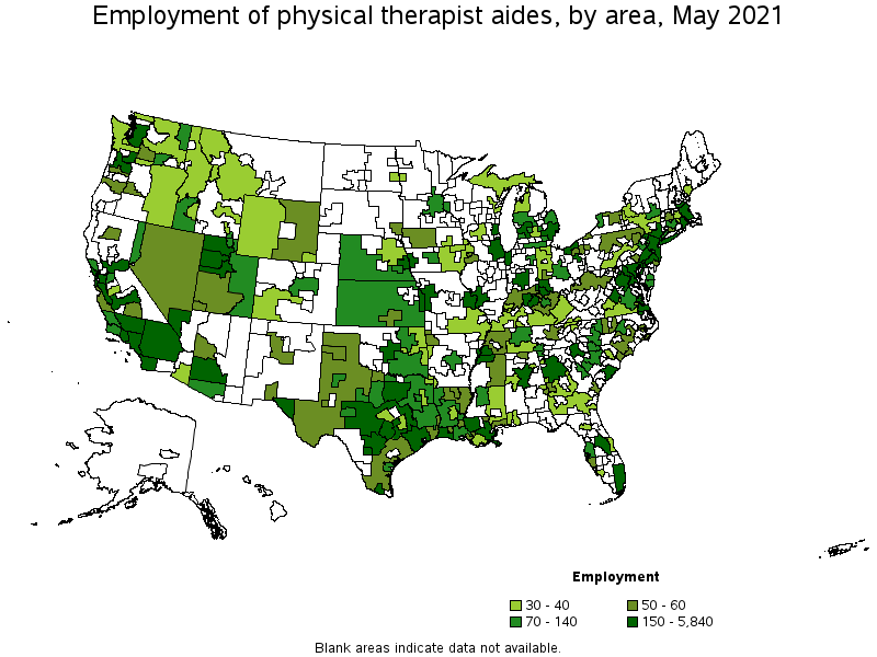 Map of employment of physical therapist aides by area, May 2021