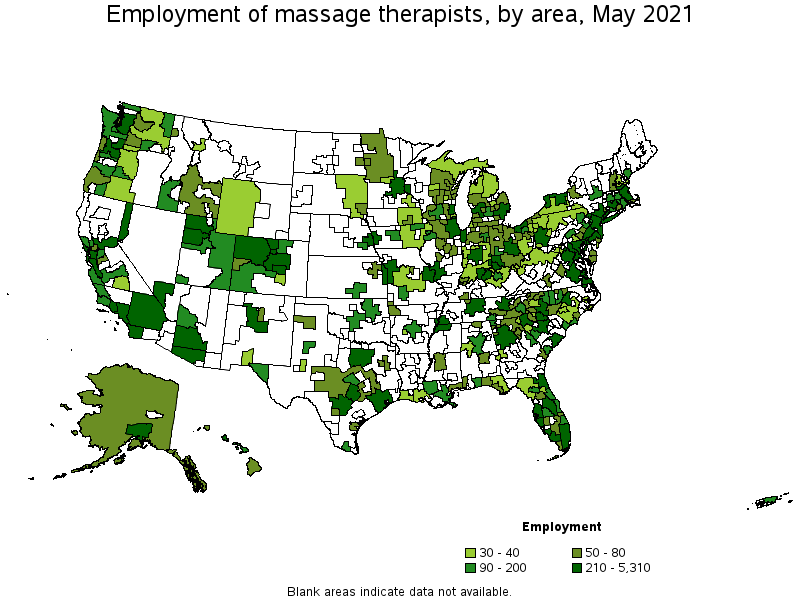 Map of employment of massage therapists by area, May 2021