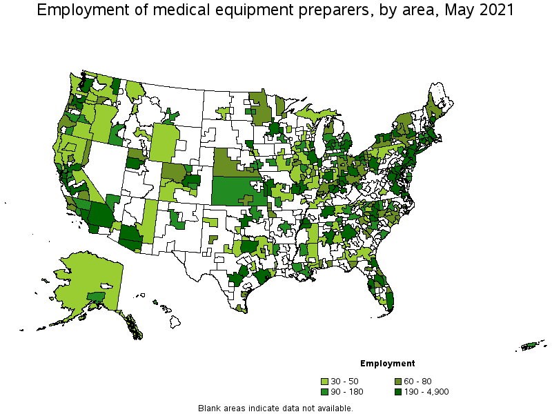 Map of employment of medical equipment preparers by area, May 2021