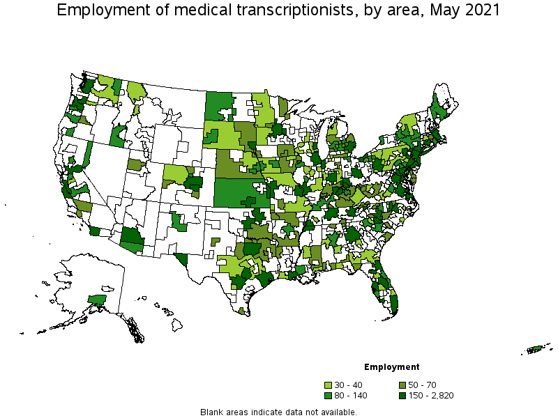Map of employment of medical transcriptionists by area, May 2021
