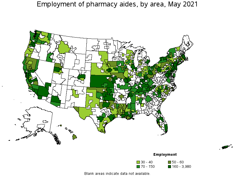 Map of employment of pharmacy aides by area, May 2021